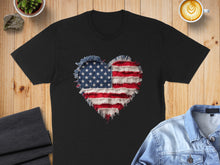 Load image into Gallery viewer, Black t-shirt with distressed American flag heart graphic.
