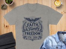 Load image into Gallery viewer, Gray t-shirt with "Faith & Family Freedom" text and patriotic eagle design.
