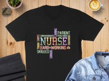 Load image into Gallery viewer, Black t-shirt with "Nurse" surrounded by related words in a cloud design.