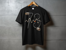 Load image into Gallery viewer, Black t-shirt with a coiled cable forming the number 73 and a waveform.