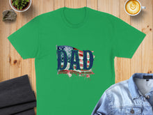 Load image into Gallery viewer, Green t-shirt with "DAD THE MAN THE MYTH THE LEGEND" text and US flag design.