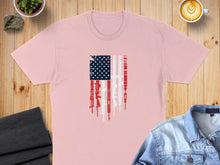 Load image into Gallery viewer, Pink t-shirt with an American flag design made of rifles.