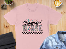 Load image into Gallery viewer, Pink t-shirt with "Registered Nurse" text in colorful, floral letters.