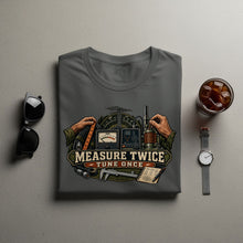 Load image into Gallery viewer, Gray t-shirt with "Measure Twice Tune Once" graphic and radio equipment illustration.