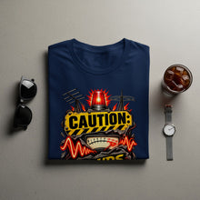 Load image into Gallery viewer, Navy t-shirt with "CAUTION" graphic, siren, radio towers, and meter.