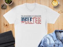 Load image into Gallery viewer, White t-shirt with "DELETED" in distressed American flag lettering.