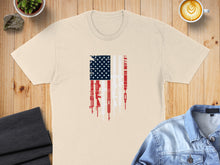 Load image into Gallery viewer, Cream t-shirt with American flag design made of firearms.