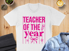 Load image into Gallery viewer, White t-shirt with pink stripes and "Teacher of the Year" text.