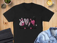 Load image into Gallery viewer, Black t-shirt with "Peace, Love, Scrub" text and stethoscope graphic.