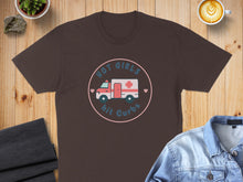 Load image into Gallery viewer, Brown t-shirt with "Hot Girls Hit Curbs" text and ambulance graphic.