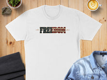 Load image into Gallery viewer, White t-shirt with "FREEDOM" in a distressed American flag design.