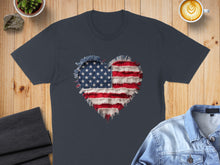 Load image into Gallery viewer, Dark blue t-shirt with a frayed American flag heart graphic.
