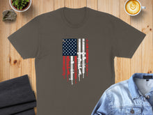 Load image into Gallery viewer, T-shirt featuring a distressed American flag design with rifle silhouettes.