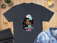 Load image into Gallery viewer, T-shirt graphic of a nurse with butterflies and "Scrub Life" text.