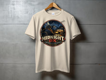 Load image into Gallery viewer, T-shirt with "Midnight DX" and "The World Is Still Awake" text in circular graphic.