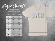 Load image into Gallery viewer, Size chart for Next Level 3600 unisex cotton t-shirt, with sizes XS-4XL.