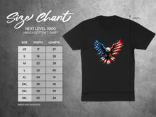 Load image into Gallery viewer, Next Level 3600 unisex cotton t-shirt size chart with width and length in inches.