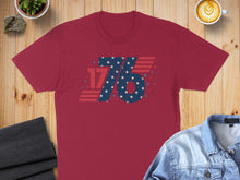 Load image into Gallery viewer, Red t-shirt with large "76" graphic and stars.