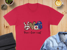 Load image into Gallery viewer, Red t-shirt with peace sign, leopard print heart, and EMT emblem.