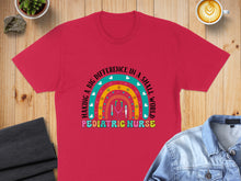 Load image into Gallery viewer, Red t-shirt with rainbow graphic and "Pediatric Nurse" text.