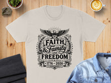 Load image into Gallery viewer, Black and white graphic with "Faith & Family and Freedom" and eagle design on a t-shirt.