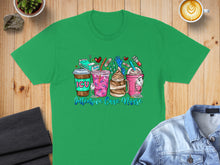Load image into Gallery viewer, Green t-shirt with colorful cartoon coffee cups and hearts featuring "ICU Intensive Care Nurse".