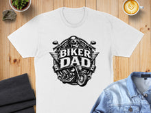 Load image into Gallery viewer, White t-shirt with "Biker Dad" skull and motorcycle graphic.
