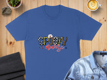 Load image into Gallery viewer, Blue t-shirt with "Spooky Nurse" text and Halloween-themed graphics.
