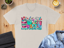 Load image into Gallery viewer, LVN graphic with coffee, teddy bear, and medical supplies on a t-shirt.