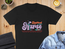 Load image into Gallery viewer, Black t-shirt with "Registered Nurse" text and stethoscope graphic.