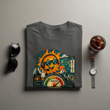 Load image into Gallery viewer, Cartoon sun with headphones and sunglasses presents weather map on t-shirt.