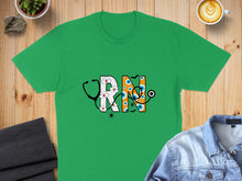 Load image into Gallery viewer, Green t-shirt with "RN" in a Halloween theme, featuring a stethoscope and eyeballs.