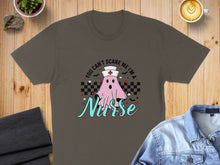 Load image into Gallery viewer, Brown t-shirt with ghost saying "You Can't Scare Me I'm a Nurse".