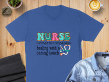 Load image into Gallery viewer, Blue t-shirt with "NURSE" text and stethoscope graphic.