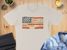 Load image into Gallery viewer, T-shirt with rustic American flag design, featuring denim stars and patchwork fabric.