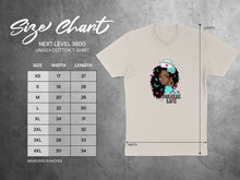 Load image into Gallery viewer, Next Level 3600 unisex t-shirt size chart with measurements and a graphic of a nurse.