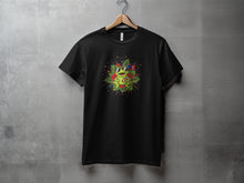 Load image into Gallery viewer, Colorful Biker Cat with Leaf Print Black T-Shirt