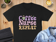 Load image into Gallery viewer, Black t-shirt with "Coffee Nurse Repeat" text in pastel colors.