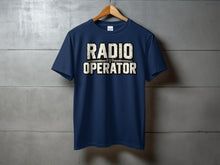 Load image into Gallery viewer, Navy blue t-shirt with "RADIO OPERATOR" and radio wave graphic.