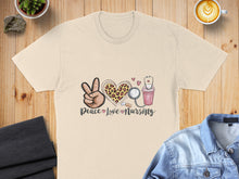Load image into Gallery viewer, Cream t-shirt with "Peace Love Nursing" and leopard print heart.
