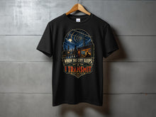 Load image into Gallery viewer, Black t-shirt with "When the City Sleeps I Transmit" graphic.