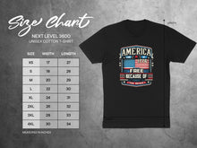 Load image into Gallery viewer, Next Level 3600 unisex t-shirt size chart with "America Land of the Free Because of the Brave" graphic.