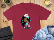 Load image into Gallery viewer, Burgundy t-shirt with graphic of a nurse with butterflies and "Her Nurse" text.