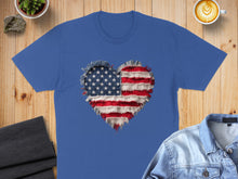 Load image into Gallery viewer, Blue t-shirt with distressed American flag heart graphic.