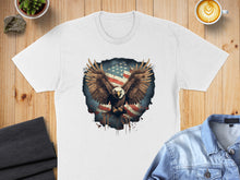 Load image into Gallery viewer, White t-shirt with an American flag and eagle graphic.