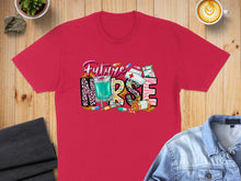 Load image into Gallery viewer, Red t-shirt with "Future Nurse" graphic featuring medical supplies and a latte.