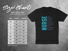 Load image into Gallery viewer, Unisex Next Level 3600 t-shirt size chart and nurse graphic.