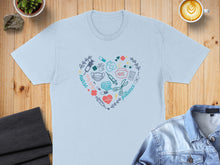 Load image into Gallery viewer, Light blue t-shirt with heart-shaped medical icons and text "nurse" and "patience".