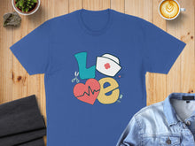 Load image into Gallery viewer, Blue t-shirt with "LOVE" design featuring medical symbols.