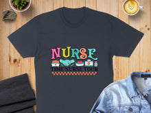Load image into Gallery viewer, Dark gray t-shirt with "Nurse Time Nurse Tour" text and nurse-themed icons.